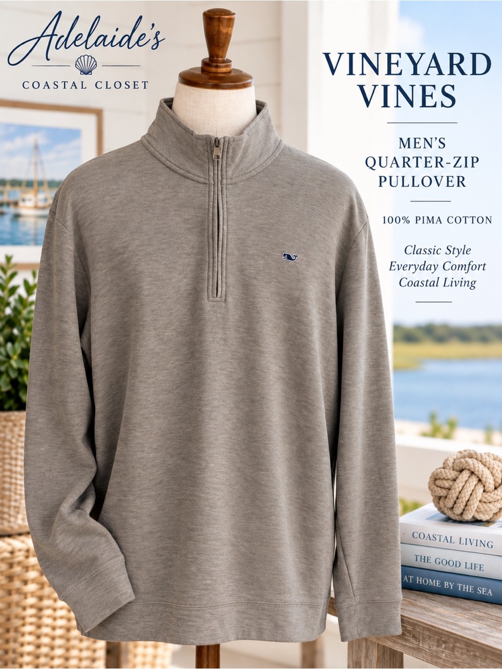 Vineyard Vines Men’s XL 100% Pima Cotton Quarter Zip Pullover Gray